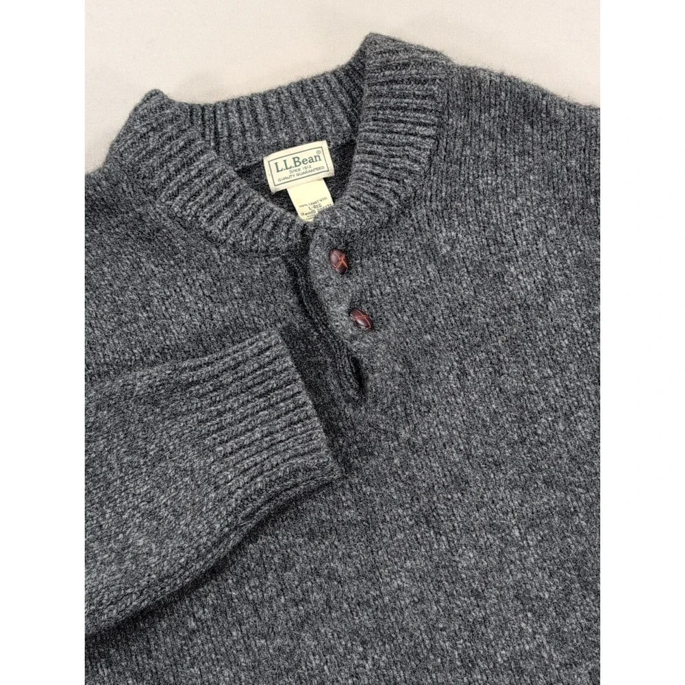 L.L. Bean 100% Lambswool Sweater Mens Large Gray Henley Shawl Collar Vintage